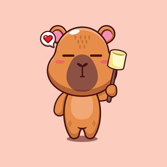 capybara mascot cartoon character vector illustration eating marshmallow
