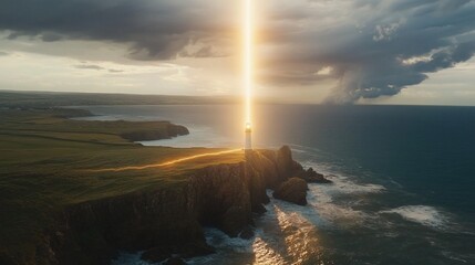 Lighthouse Sunset: Celestial Beam Illuminates Coastal Cliffs