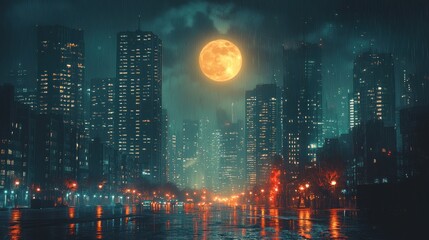 Obraz premium Rainy Night Cityscape Illuminated by a Large Full Moon