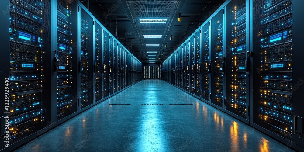 Poster long row of server racks in a data center with blinking lights and cables connected