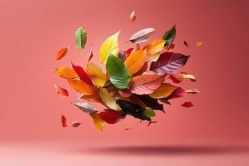 A stunning array of colorful autumn leaves suspended in mid-air against a soft pink background, showcasing nature's vibrant hues and the beauty of fall.
