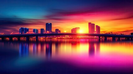 Fototapeta premium Vibrant City Skyline Sunset Over Water Bridge