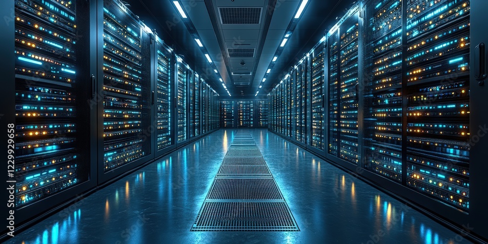 Poster long row of computer servers in a data center with blinking lights and cooling systems visible