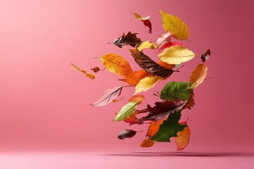 A stunning visual of colorful autumn leaves spiraling through the air against a gentle pink backdrop, beautifully capturing the essence of fall and nature's artistry.