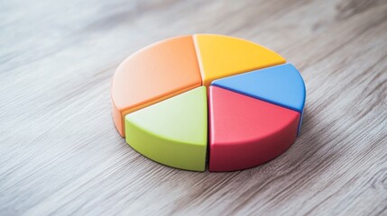 Obraz premium A close-up of a financial pie chart displaying customer demographics, with distinct colors for age groups and gender, arranged on a light wooden background for contrast.