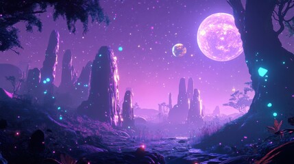 Naklejka premium Ethereal Landscape with Purple Sky and Celestial Bodies at Night