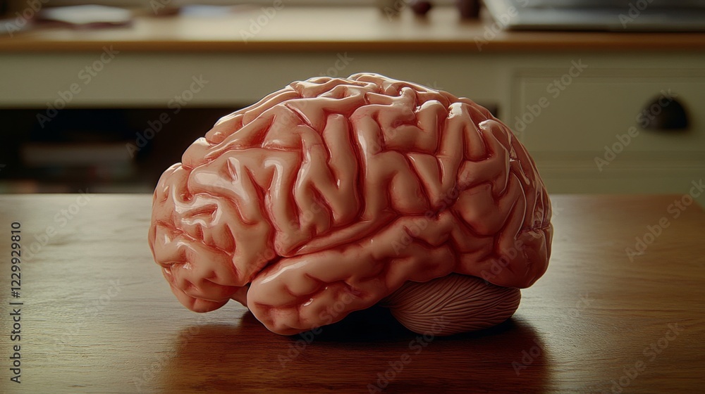 Poster A close-up of a human brain model on a wooden desk, illuminated by soft natural light, highlighting the intricate folds and details of its surface