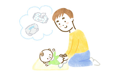 赤ちゃんのオムツ替えをする父親と小物類の手描きイラスト