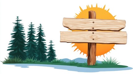 Rustic Wooden Signpost at Sunrise in a Coniferous Forest