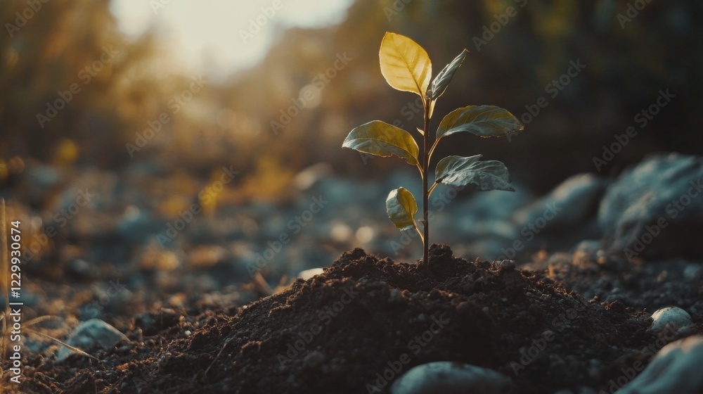 Poster a close-up of a tree sapling with fresh green leaves being planted in the ground, with rich soil and