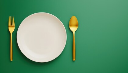 A simple, elegant dining setup featuring a gold fork and spoon beside a plain white plate on a green background.