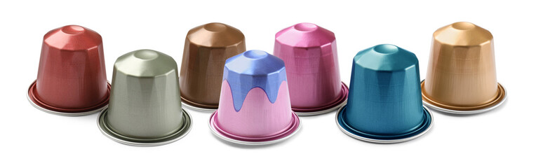 Many different coffee capsules isolated on white, set