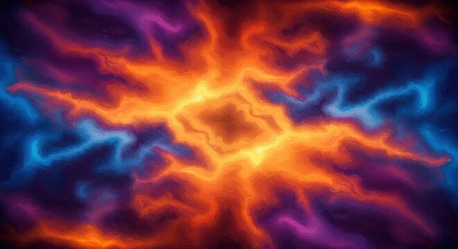 Cosmic Fusion: A vibrant and captivating abstract artwork featuring swirling, pulsating colors in hues of fiery orange, electric blue, and ethereal purple.