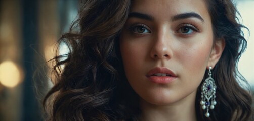 Fototapeta premium Beautiful cinematic beauty macro woman face close-up wearing sensual light make-up