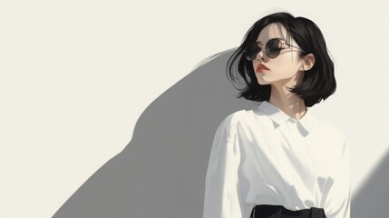 Obraz premium Stylish asian woman with bob haircut wearing white shirt and black skirt standing confidently