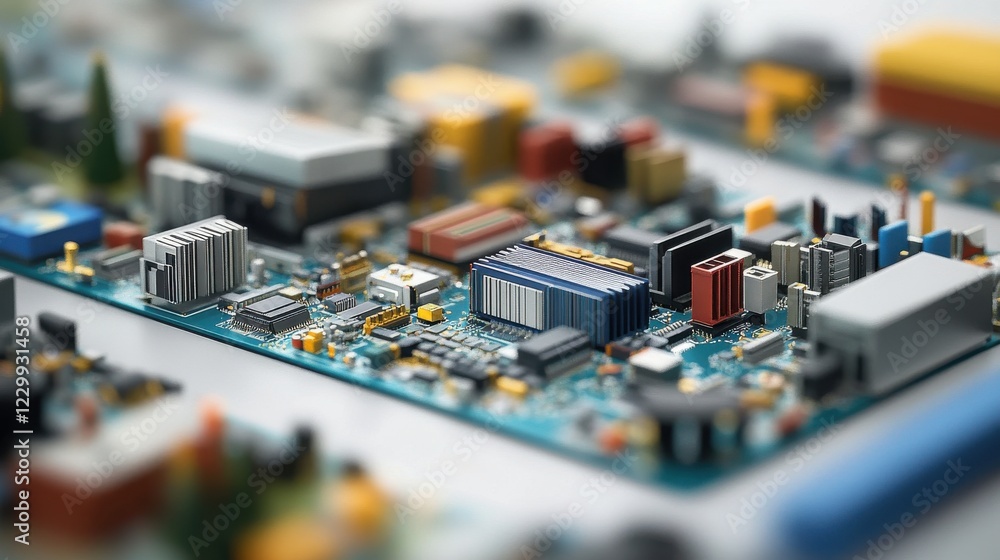 Poster detailed close-up of a colorful, intricate circuit board with various components and structures