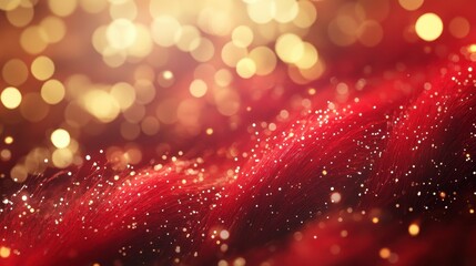 A close-up of luxurious red carpet fibers with golden stanchions and sparkling light bokeh in the background.