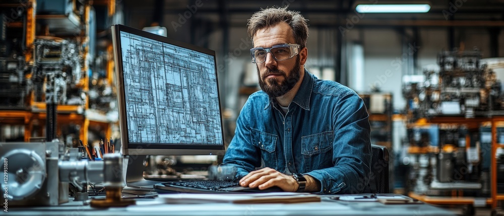 Poster man sitting at a desk working on a computer in a modern office environment with natural lighting