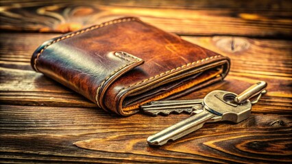 Close-up macro photography showcases the intricate details of aged wood, leather, and keys.