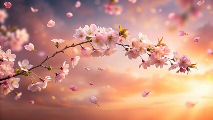 Obraz premium Soft pink sakura petals falling gently from a delicate cherry blossom branch suspended in mid-air against a warm cloudy background , landscape, nature