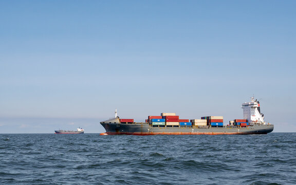 Container ship on Elbe Approach TSS leaving Elbe estuary, German Bight, North Sea, Germany
