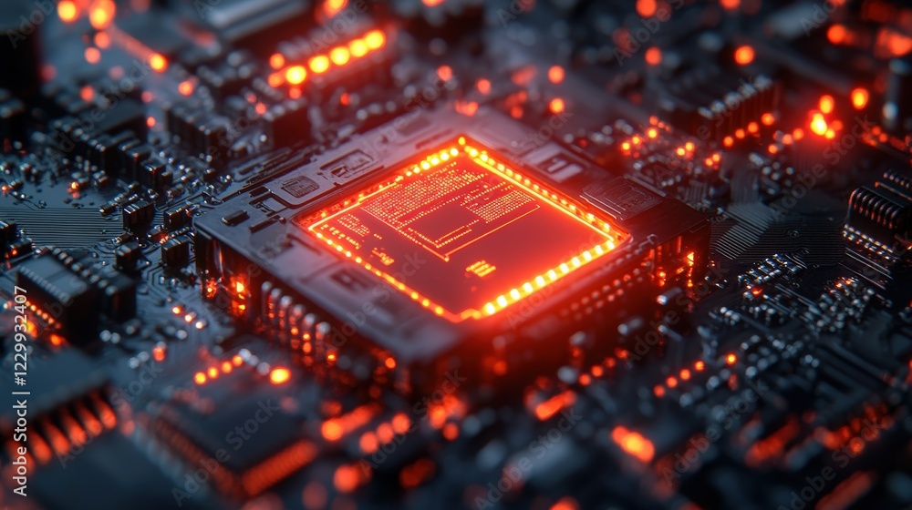 Poster close up image of a computer chip showcasing intricate details and electronic components