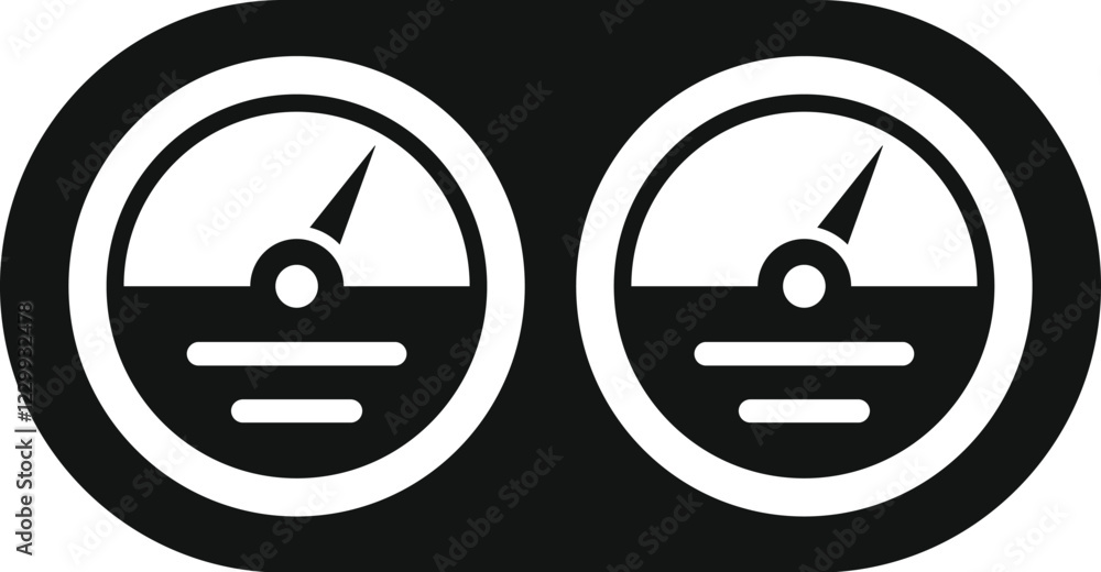 Poster simple black icon of a control panel featuring two round analog gauges, indicating performance level