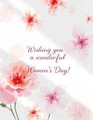 Card design for International Women's Day featuring beautiful flowers and warm wishes for March 8