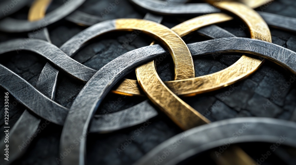 Poster a close-up of interwoven line patterns in metallic silver and gold, on a dark textured background, c