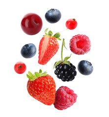 Blueberries, cherries, raspberries, blackberry, strawberries and redcurrant berries in air on white background