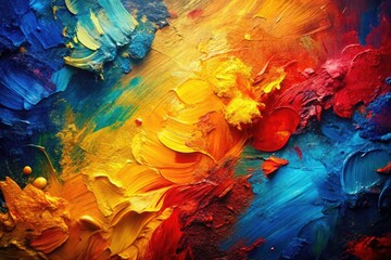 Colorful, abstract oil painting; textured canvas, bold brushstrokes define this modern visual art background.