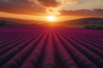Obraz premium Scenic view of a vibrant lavender field at sunset