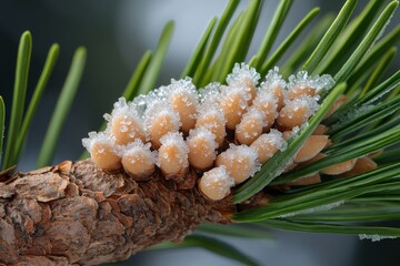 Closeup of pine branches with raindrops clinging to the needles