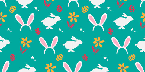 Green seamless pattern with colorful easter eggs, flowers and rabbits