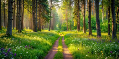 Fototapeta premium A serene forest with lush green grasslands stretching out along a winding solitary path surrounded by tall trees and vibrant wildflowers, nature, solo path