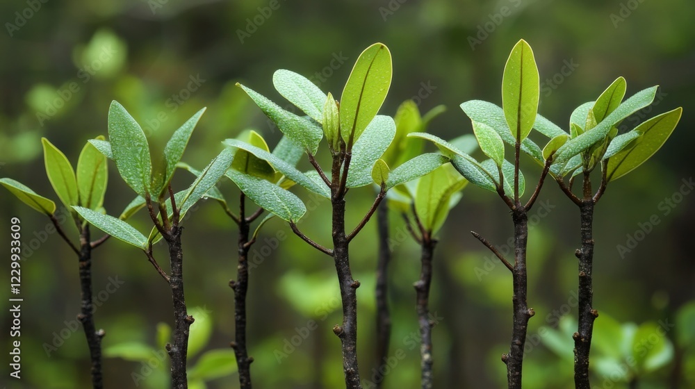 Poster a close-up of mangrove leaves with water droplets, capturing the details of their texture and color 