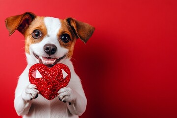 Commercial idea. Cute pointer canine with diamond red heart - sign of love, funny greeting card. Pointer - my treasured dog. Love and devotion. Heartwarming valentine's moments. Pet love.