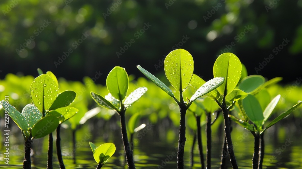 Poster a close-up of mangrove leaves with water droplets, capturing the details of their texture and color 
