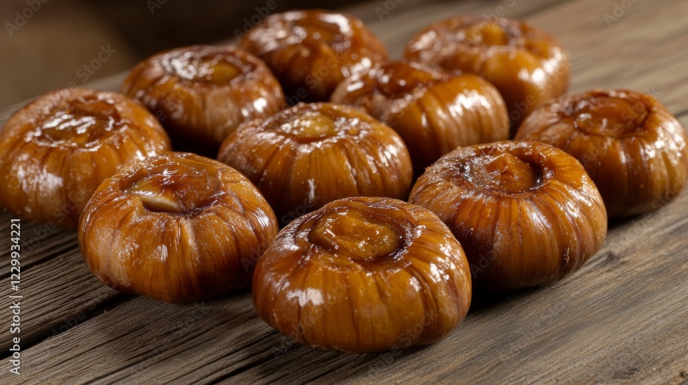 Poster a close-up of roasted chestnuts displayed on a rustic wooden table, with their glossy shells slightl