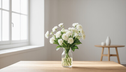 White Flowers in a Minimalist Setting, Calm and Serene, Against a Light Grey Wall