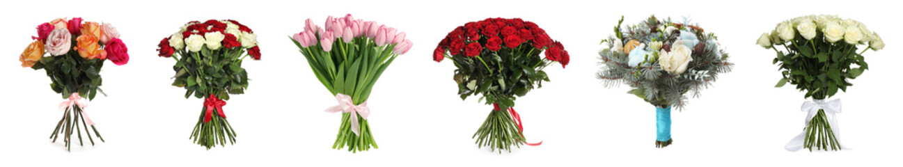 Different bouquets of beautiful flowers isolated on white, set