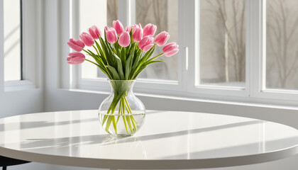 Pink Tulips on a White Table, Bright and Cheerful, Against a Sunny Window Background