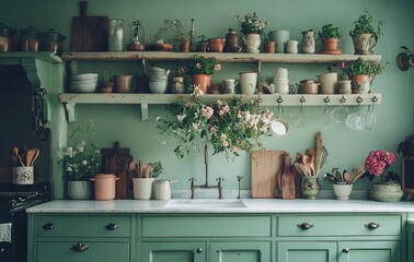 A kitchen with white walls and light green cabinets, a marble countertop