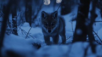 Adorable wolf pup in snowy forest at night.