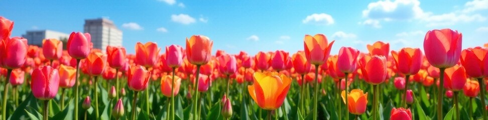 Tulip field in full bloom against a bright blue sky, tulips, landscape
