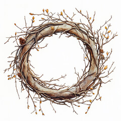 Fototapeta premium A rustic wreath featuring intertwined branches and pine cones, perfect for seasonal decor and nature lovers . isolated on a white background