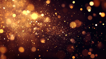 Fototapeta premium Warm golden bokeh lights and shimmering particles on a dark background. A festive and elegant abstract design for celebrations and luxury themes