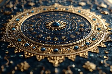 Intricate Gold Mandala with Turquoise Stones on Dark Blue Background

