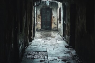 Mystical stone pathway through a dark ancient alley