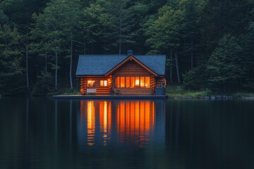 Fototapeta premium Cozy cabin reflecting on a lake during nighttime